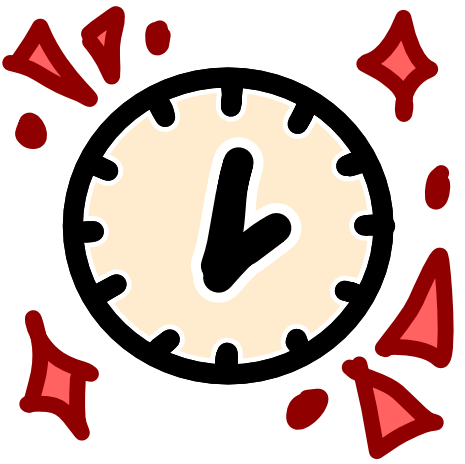 an off white clock surrounded by red sparkles. The image has dark line art. 